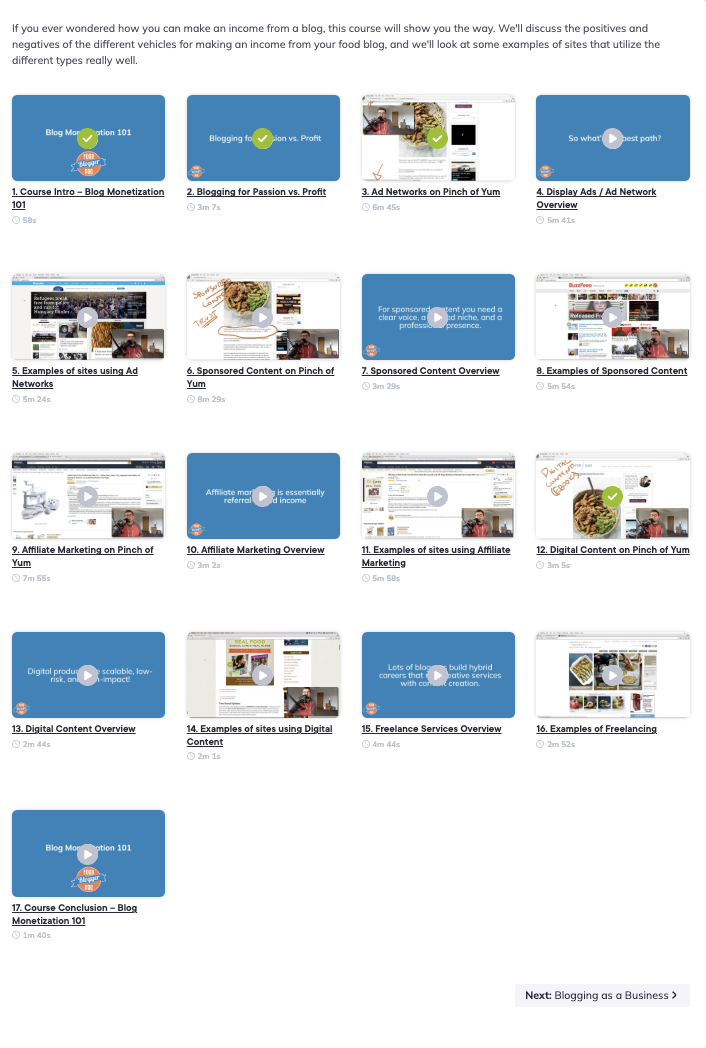 Course overview of lessons included in the blog monetization course.