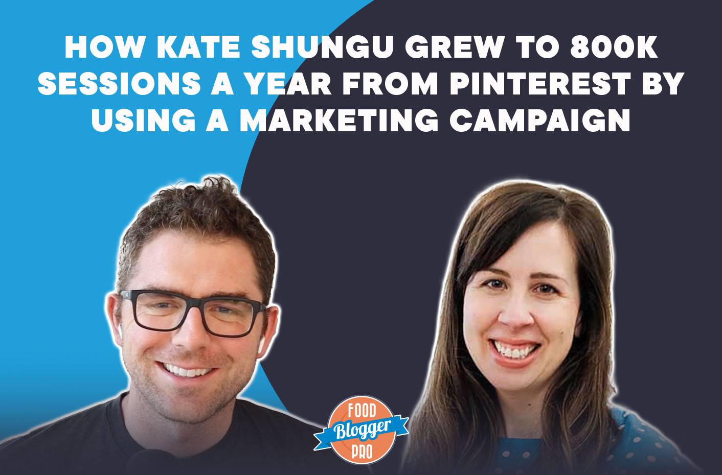 Headshots of Bjork Ostrom and Kate Shungu with the title of this podcast episode: 'How Kate Shungu Grew to 800K Sessions a Year from Pinterest By Using a Marketing Campaign' written across the image.