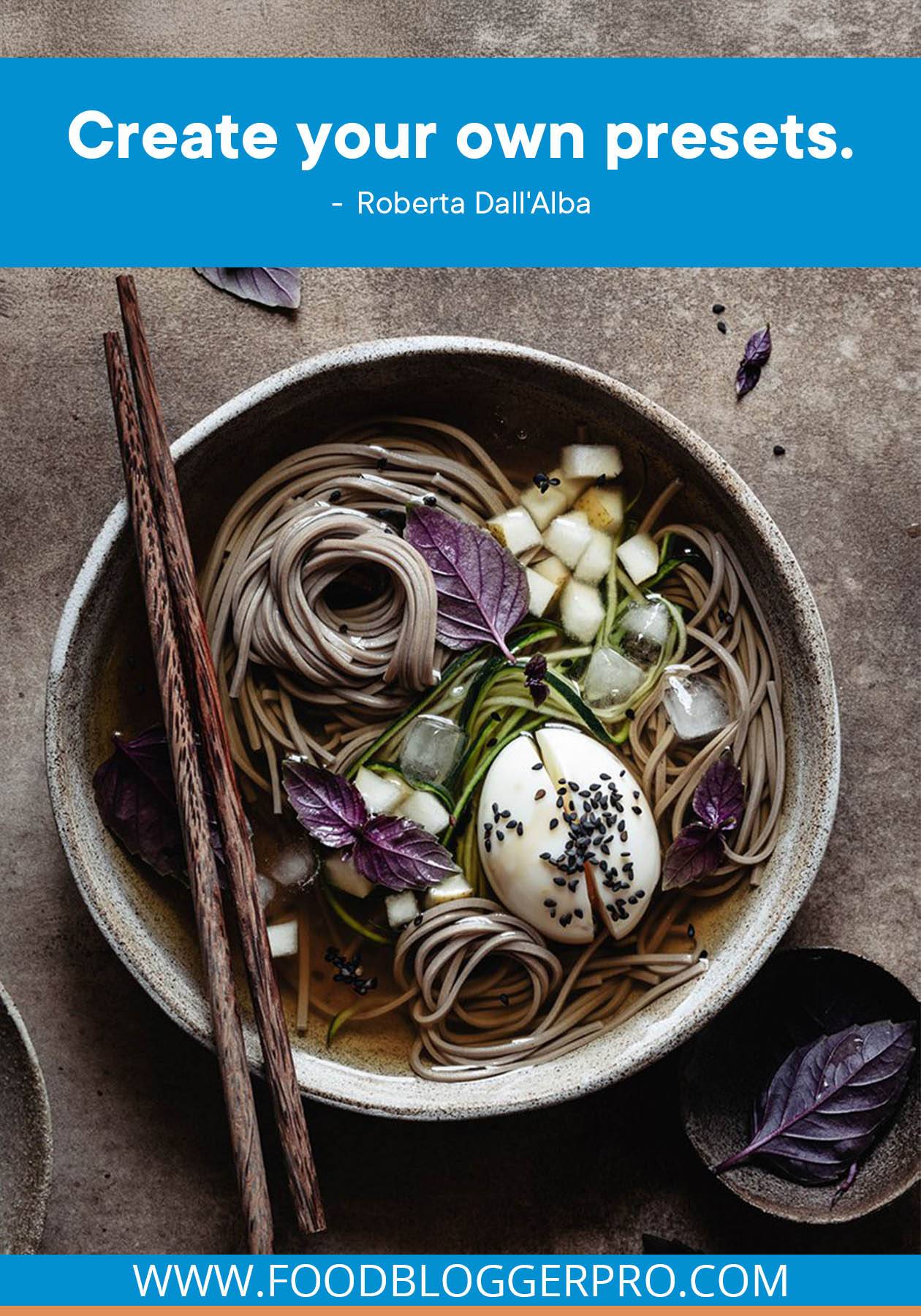 A photograph of noodles, vegetables, and an egg in a bowl with chopsticks on top and a quote from Roberta Dall'Alba that reads: "Create your own presets."