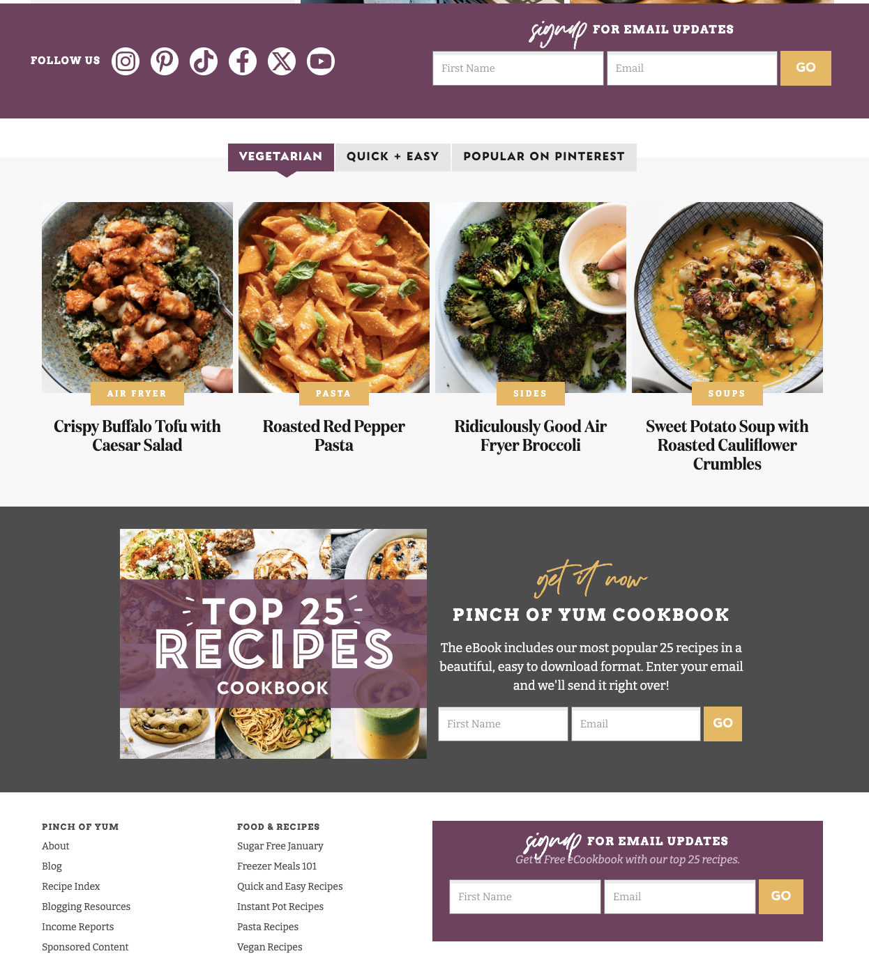 Screenshot from the Pinch of Yum website showing an email opt-in in exchange for a cookbook downloadable 