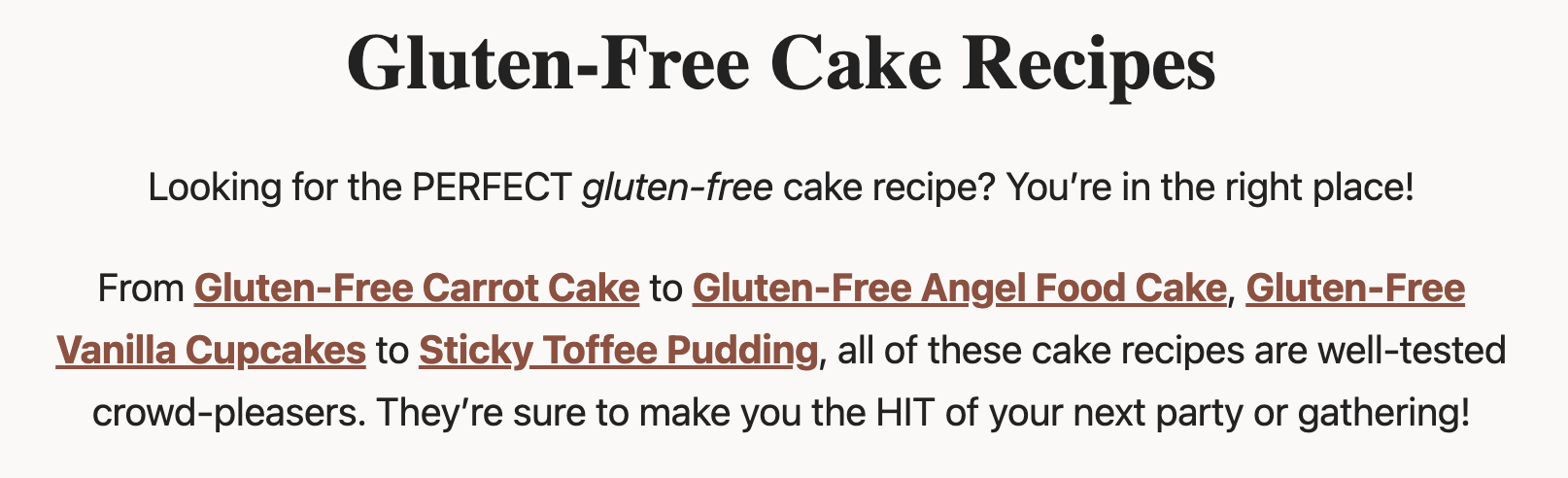 A screenshot of the gluten-free cake category page from Meaningful Eats.