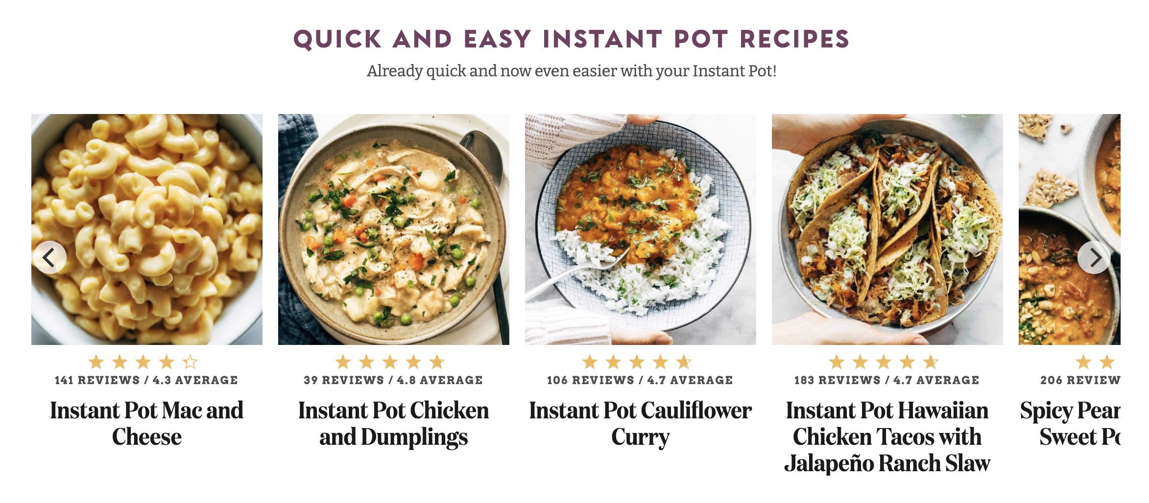 A screenshot of the Quick and Easy Instant Pot Recipes category from Pinch of Yum.