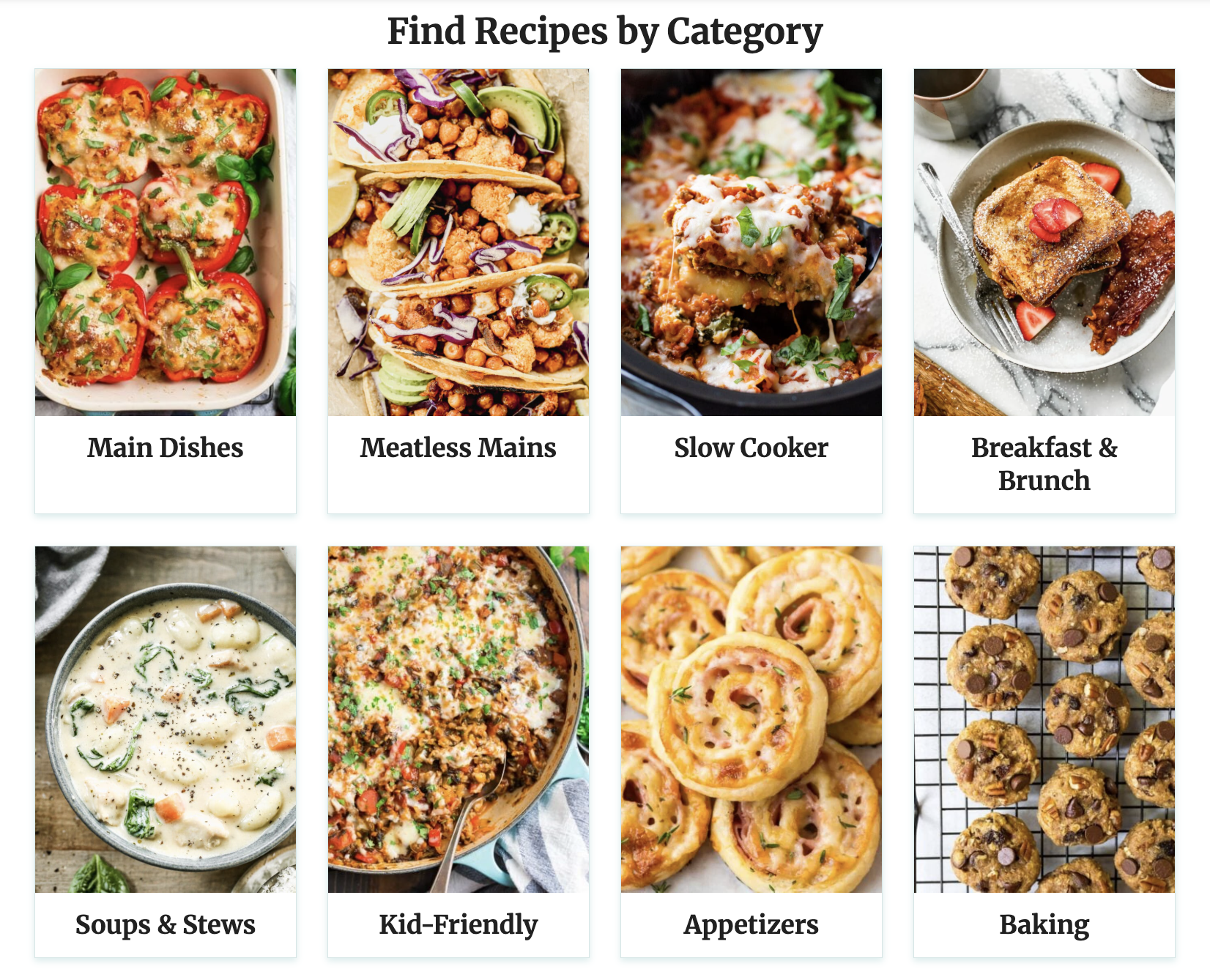 A screenshot of the recipe index page from Well Plated showing the following categories: Main Dishes, Meatless Mains, Slow Cooker, Breakfast & Brunch, Soups & Stews, Kid-Friendly, Appetizers, and Baking.