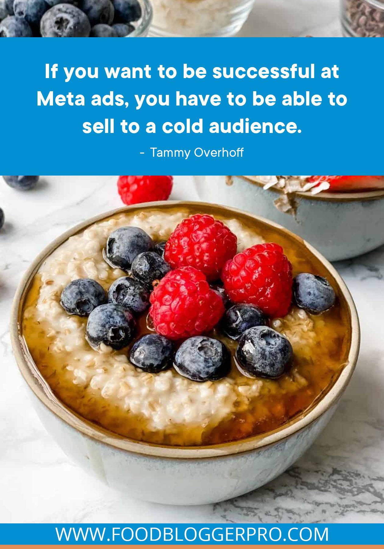 A photograph of a bowl of berry oatmeal with a quote from Tammy Overhoff that reads: "If you want to be successful at Meta ads, you have to be able to sell to a cold audience."