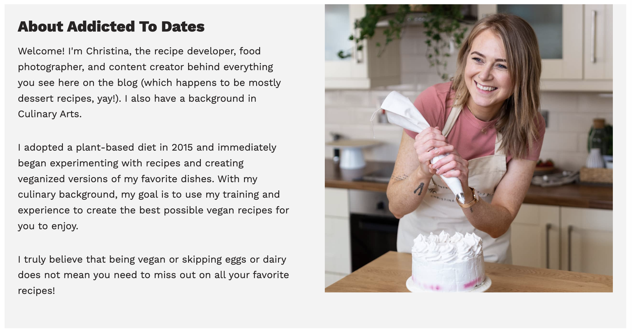 A screenshot of Christina Leopold's About section from her blog Addicted to Dates. 