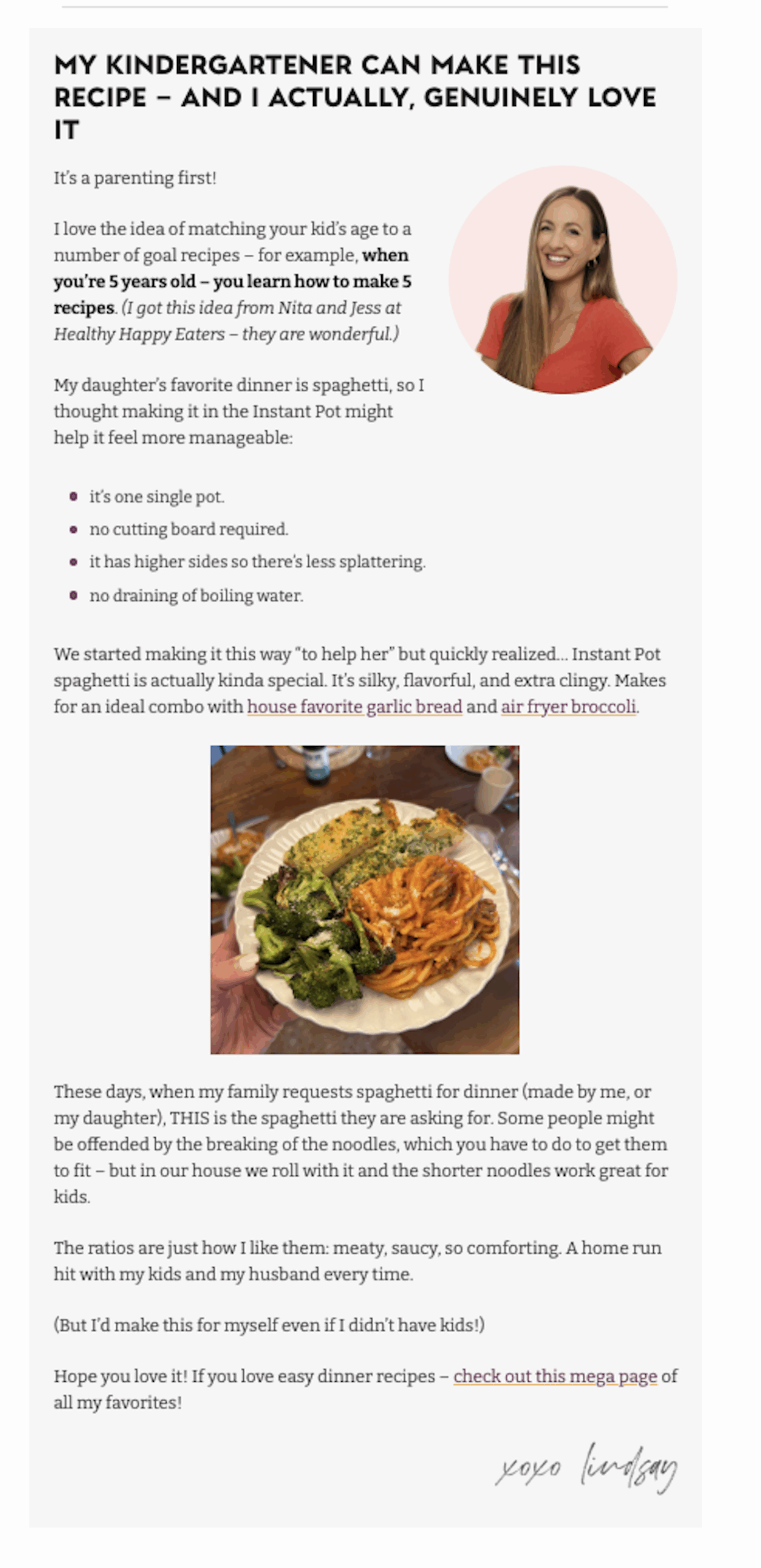 An example of the personalization on the Instant Pot Spaghetti recipe from Pinch of Yum.