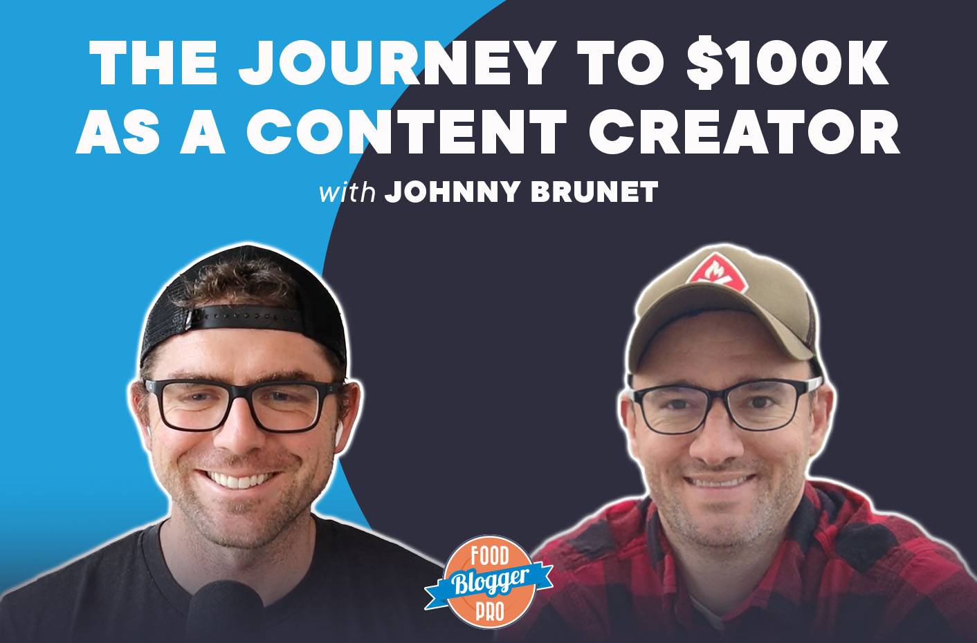 A graphic that contains the headshots of Bjork Ostrom and Johnny Brunet with the title of their podcast episode, “The Journey to $100k as a Content Creator with Johnny Brunet."