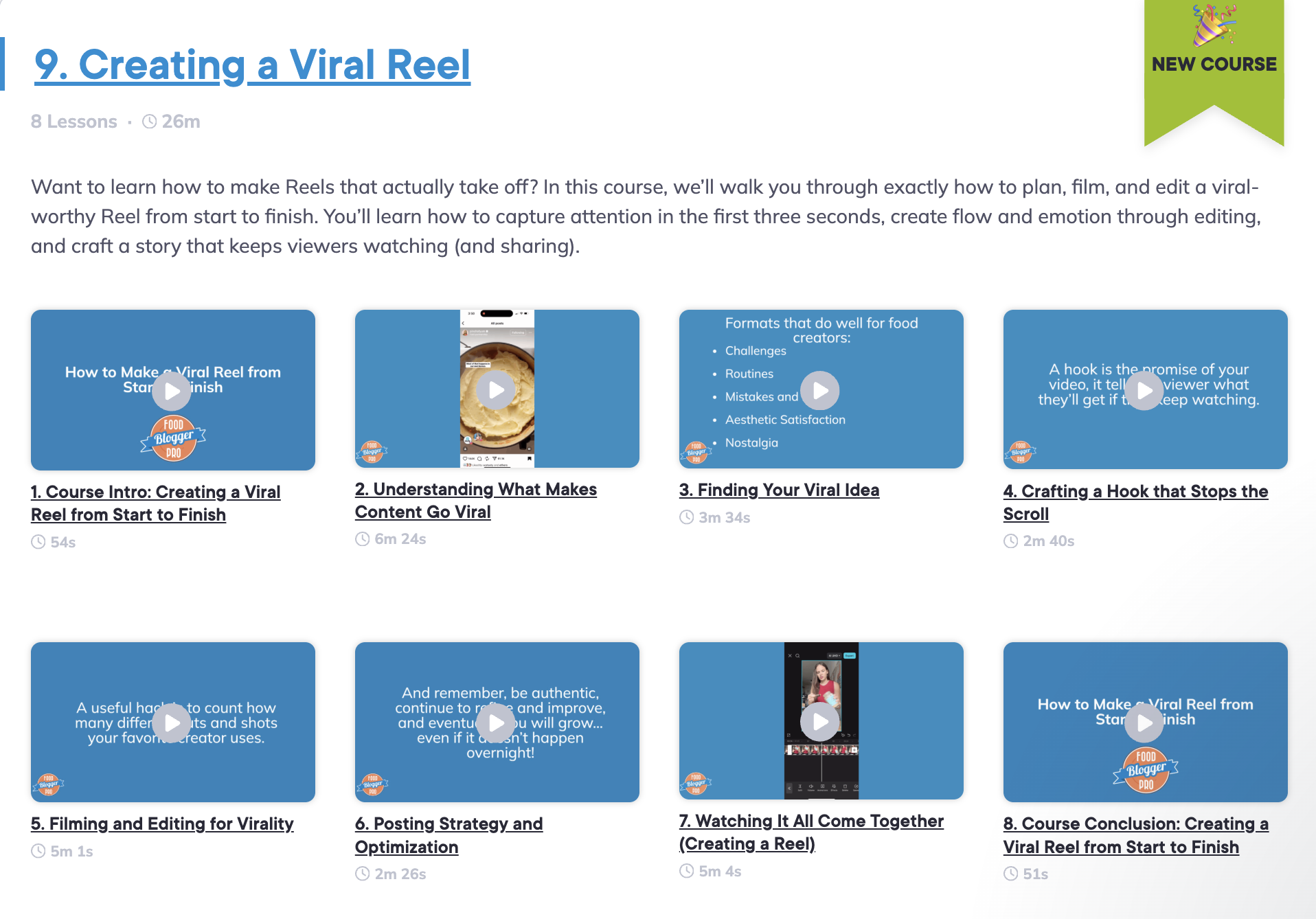 Overview of the lessons for the Creating a Viral Reel course