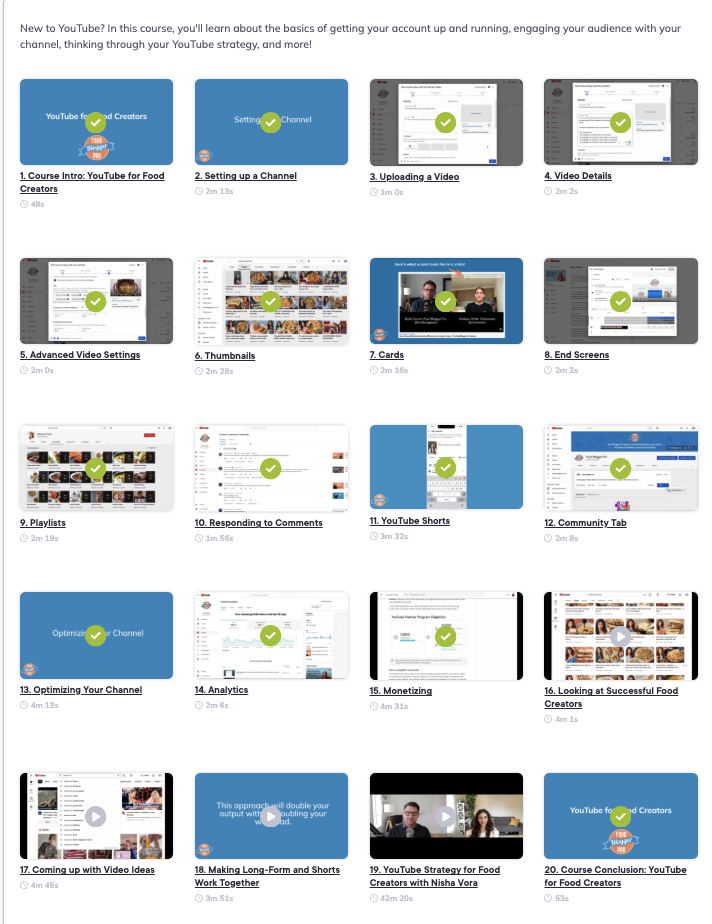 Course overview of lessons included in the Youtube for Food Creators course.