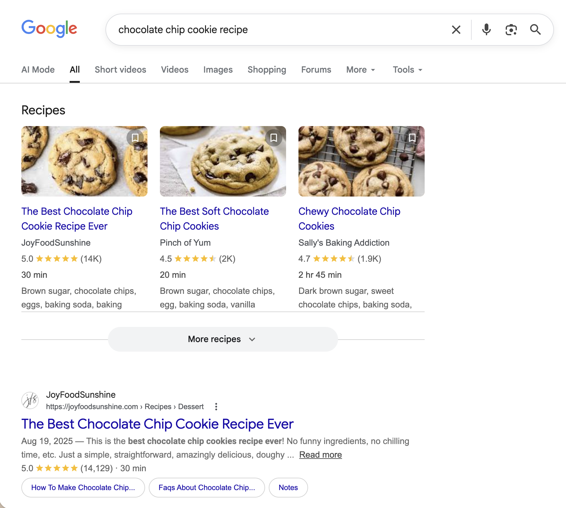 The query "chocolate chip cookie recipe" in the google search bar with an image of the results. 