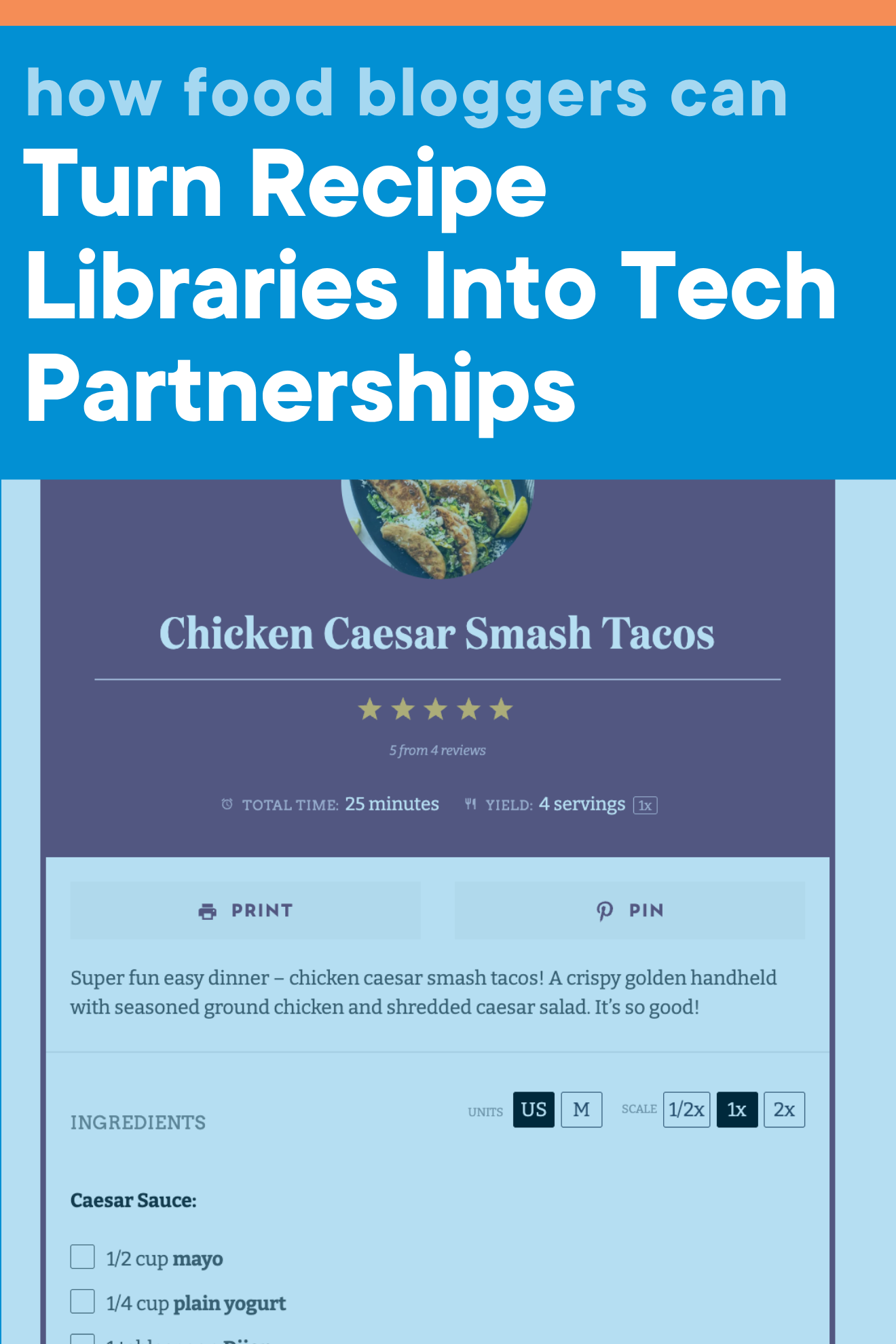 A screenshot of a Pinch of Yum recipe card with the title of this blog post, How Food Bloggers Can Turn Recipe Libraries Into Tech Partnerships, written across the top.