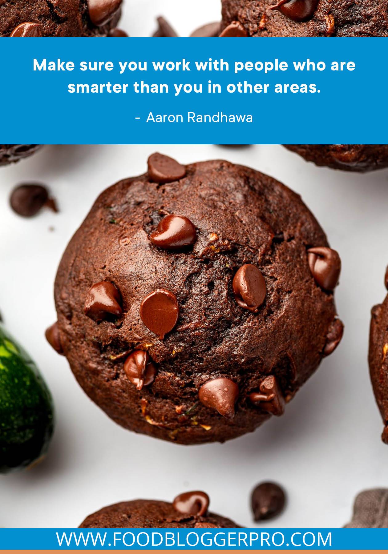 A photograph of The Forked Spoon's Double Chocolate Zucchini Muffins recipe with a quote from Aaron Randhawa's episode of The Food Blogger Pro Podcast that reads: "Make sure you work with people who are smarter than you in other areas."